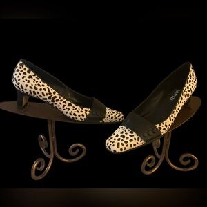 Vaneli Black and White Animal Patterned Cowhide Hair Heels